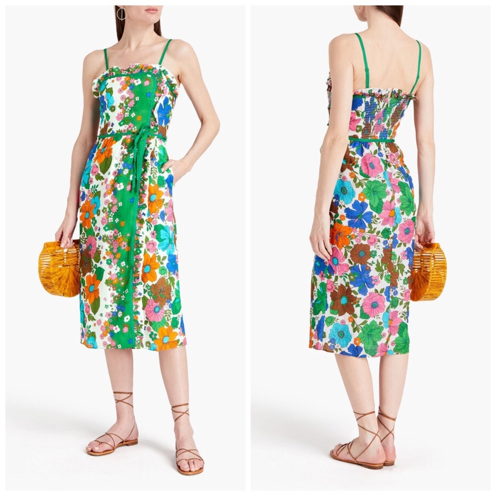 Zimmermann Riders Floral Print‎ Midi Wrap Effect Dress Linen Sundress Size 4